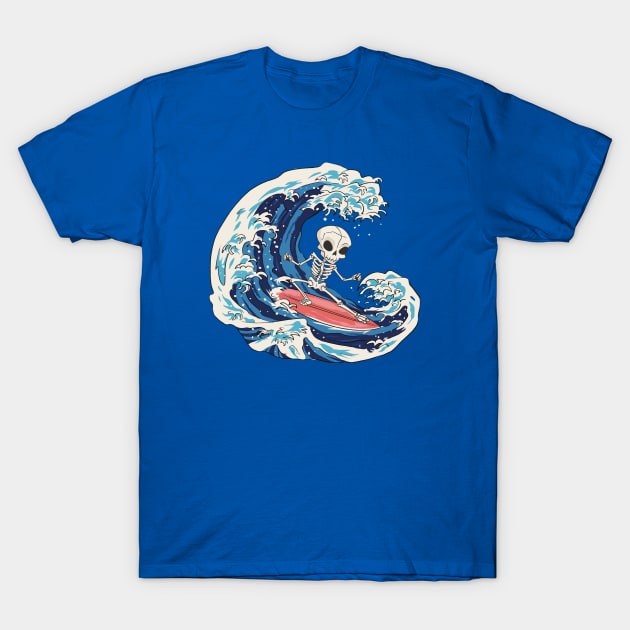 Cool Surfing Skeleton Riding a Great Wave T-Shirt by SLAG_Creative